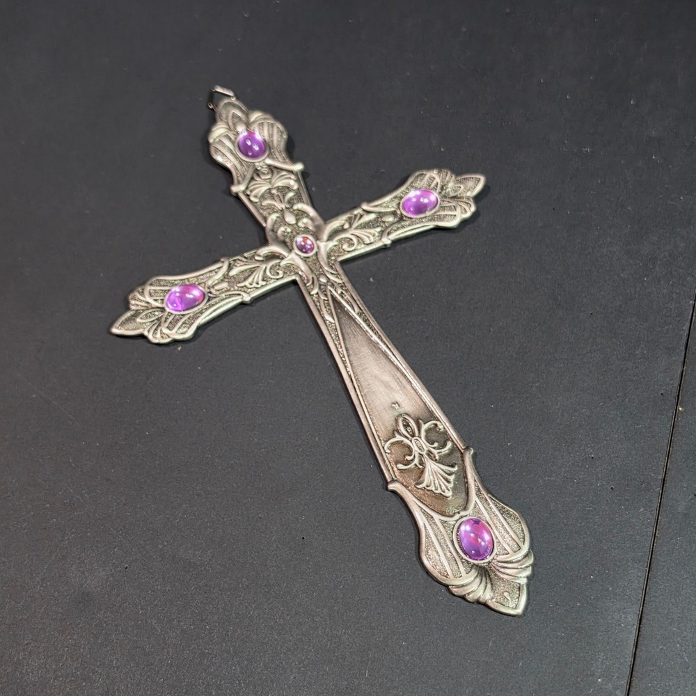 Vintage Gothic Silver Tone Wall Cross Ornate Pectoral Crucifix Purple Cabochons
